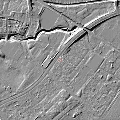 Shaded relief map of the ground around M217SP, computed from Environment Agency LiDAR. The ground here sits at about 29 m above sea level and falls 11 m across the surrounding 800 m. Surface water reaching this point runs off ground lying to the north-east, 5.0 m higher.