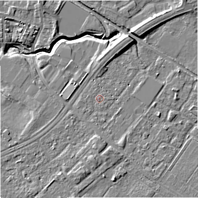 Shaded relief map of the ground around M217SQ, computed from Environment Agency LiDAR. The ground here sits at about 30 m above sea level and falls 11 m across the surrounding 800 m. Surface water reaching this point runs off ground lying to the north-north-east, 5.0 m higher.