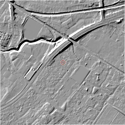 Shaded relief map of the ground around M217SR, computed from Environment Agency LiDAR. The ground here sits at about 29 m above sea level and falls 11 m across the surrounding 800 m. Surface water reaching this point runs off ground lying to the north, 4.2 m higher.