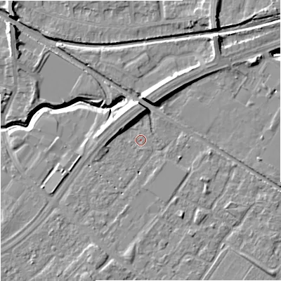 Shaded relief map of the ground around M217SS, computed from Environment Agency LiDAR. The ground here sits at about 30 m above sea level and falls 11 m across the surrounding 800 m. Surface water reaching this point runs off ground lying to the south-east, 0.8 m higher.