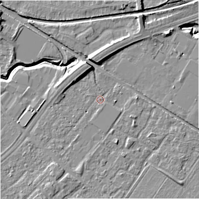 Shaded relief map of the ground around M217ST, computed from Environment Agency LiDAR. The ground here sits at about 30 m above sea level and falls 11 m across the surrounding 800 m. Surface water reaching this point runs off ground lying to the south-east, 0.9 m higher.
