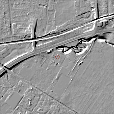 Shaded relief map of the ground around M217SX, computed from Environment Agency LiDAR. The ground here sits at about 29 m above sea level and falls 11 m across the surrounding 800 m. Surface water reaching this point runs off ground lying to the south-south-west, 1.0 m higher.