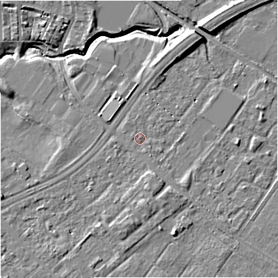 Shaded relief map of the ground around M217TB, computed from Environment Agency LiDAR. The ground here sits at about 30 m above sea level and falls 11 m across the surrounding 800 m. Surface water reaching this point runs off ground lying to the north-north-east, 5.0 m higher.