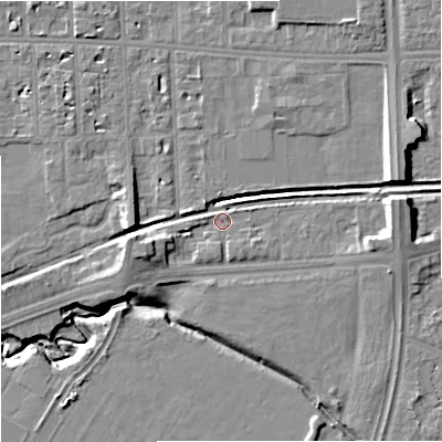 Shaded relief map of the ground around M217TE, computed from Environment Agency LiDAR. The ground here sits at about 31 m above sea level and falls 12 m across the surrounding 800 m. Surface water reaching this point runs off ground lying to the east, 7.9 m higher.