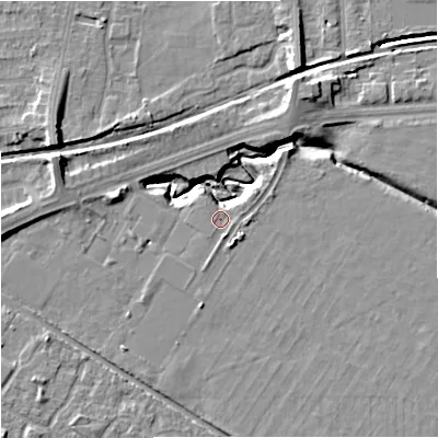 Shaded relief map of the ground around M217TL, computed from Environment Agency LiDAR. The ground here sits at about 30 m above sea level and falls 11 m across the surrounding 800 m. Surface water reaching this point runs off ground lying to the north-east, 5.3 m higher.