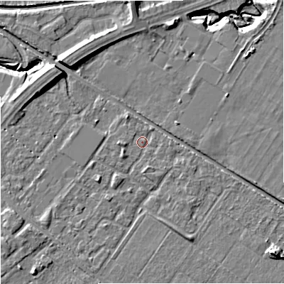 Shaded relief map of the ground around M217UB, computed from Environment Agency LiDAR. The ground here sits at about 30 m above sea level and falls 11 m across the surrounding 800 m. Surface water reaching this point runs off ground lying to the south-south-east, 2.6 m higher.