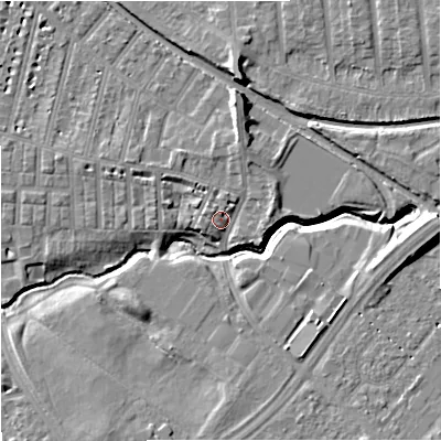 Shaded relief map of the ground around M217UD, computed from Environment Agency LiDAR. The ground here sits at about 29 m above sea level and falls 11 m across the surrounding 800 m. Surface water reaching this point runs off ground lying to the east, 10.6 m higher.