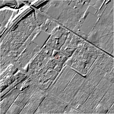 Shaded relief map of the ground around M217UL, computed from Environment Agency LiDAR. The ground here sits at about 30 m above sea level and falls 11 m across the surrounding 800 m. Surface water reaching this point runs off ground lying to the north-north-west, 1.1 m higher.