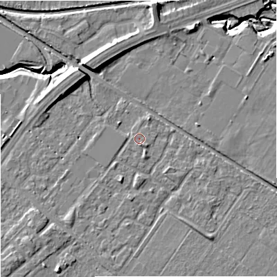 Shaded relief map of the ground around M217UN, computed from Environment Agency LiDAR. The ground here sits at about 30 m above sea level and falls 11 m across the surrounding 800 m. Surface water reaching this point runs off ground lying to the south-west, 1.2 m higher.