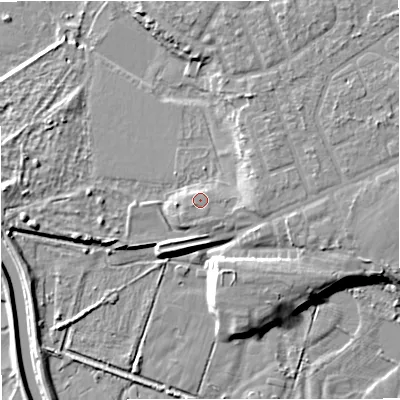 Shaded relief map of the ground around M218DP, computed from Environment Agency LiDAR. The ground here sits at about 27 m above sea level and falls 9 m across the surrounding 800 m. Surface water reaching this point runs off ground lying to the south-west, 1.7 m higher.