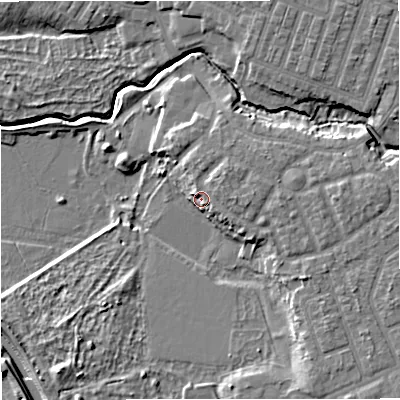 Shaded relief map of the ground around M218EF, computed from Environment Agency LiDAR. The ground here sits at about 26 m above sea level and falls 9 m across the surrounding 800 m. Surface water reaching this point runs off ground lying to the east, 2.1 m higher.