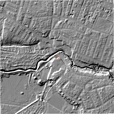 Shaded relief map of the ground around M218EH, computed from Environment Agency LiDAR. The ground here sits at about 24 m above sea level and falls 9 m across the surrounding 800 m. Surface water reaching this point runs off ground lying to the east-north-east, 7.1 m higher.