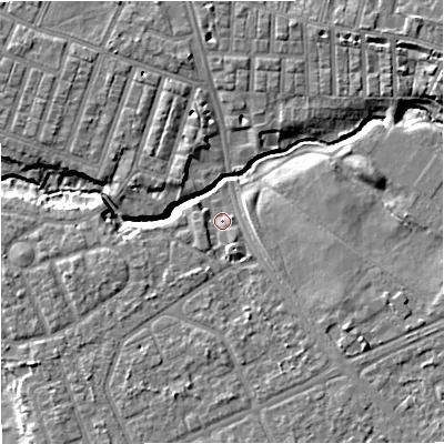 Shaded relief map of the ground around M218ER, computed from Environment Agency LiDAR. The ground here sits at about 27 m above sea level and falls 8 m across the surrounding 800 m. Surface water reaching this point runs off ground lying to the south, 3.4 m higher.