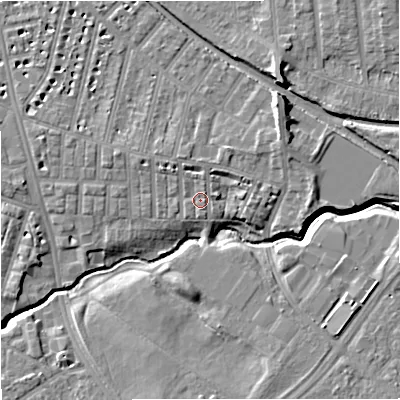 Shaded relief map of the ground around M218UA, computed from Environment Agency LiDAR. The ground here sits at about 29 m above sea level and falls 10 m across the surrounding 800 m. Surface water reaching this point runs off ground lying to the north-north-west, 1.6 m higher.