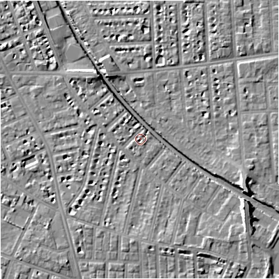 Shaded relief map of the ground around M218UX, computed from Environment Agency LiDAR. The ground here sits at about 28 m above sea level and falls 8 m across the surrounding 800 m. Surface water reaching this point runs off ground lying to the east-south-east, 7.2 m higher.
