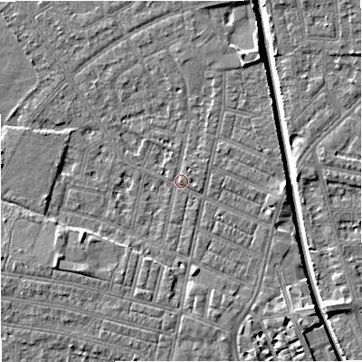 Shaded relief map of the ground around M219AX, computed from Environment Agency LiDAR. The ground here sits at about 28 m above sea level and falls 7 m across the surrounding 800 m. Surface water reaching this point runs off ground lying to the south-west, 3.7 m higher.