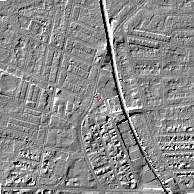 Shaded relief map of the ground around M219BG, computed from Environment Agency LiDAR. The ground here sits at about 27 m above sea level and falls 7 m across the surrounding 800 m. Surface water reaching this point runs off ground lying to the south, 3.4 m higher.