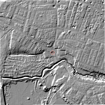 Shaded relief map of the ground around M219ES, computed from Environment Agency LiDAR. The ground here sits at about 25 m above sea level and falls 9 m across the surrounding 800 m. Surface water reaching this point runs off ground lying to the east, 4.3 m higher.