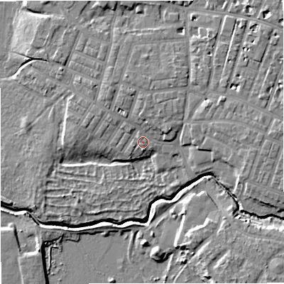 Shaded relief map of the ground around M219FF, computed from Environment Agency LiDAR. The ground here sits at about 26 m above sea level and falls 9 m across the surrounding 800 m. Surface water reaching this point runs off ground lying to the north, 2.2 m higher.