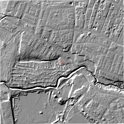 Shaded relief map of the ground around M219FR, computed from Environment Agency LiDAR. The ground here sits at about 25 m above sea level and falls 9 m across the surrounding 800 m. Surface water reaching this point runs off ground lying to the north-north-west, 5.7 m higher.