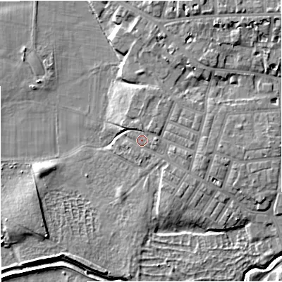 Shaded relief map of the ground around M219FX, computed from Environment Agency LiDAR. The ground here sits at about 26 m above sea level and falls 9 m across the surrounding 800 m. Surface water reaching this point runs off ground lying to the east, 2.6 m higher.