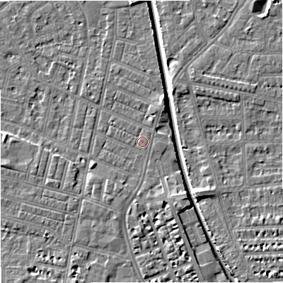Shaded relief map of the ground around M219GA, computed from Environment Agency LiDAR. The ground here sits at about 27 m above sea level and falls 7 m across the surrounding 800 m. Surface water reaching this point runs off ground lying to the north-east, 0.7 m higher.