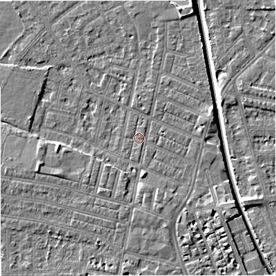 Shaded relief map of the ground around M219GE, computed from Environment Agency LiDAR. The ground here sits at about 27 m above sea level and falls 7 m across the surrounding 800 m. Surface water reaching this point runs off ground lying to the east-north-east, 3.4 m higher.