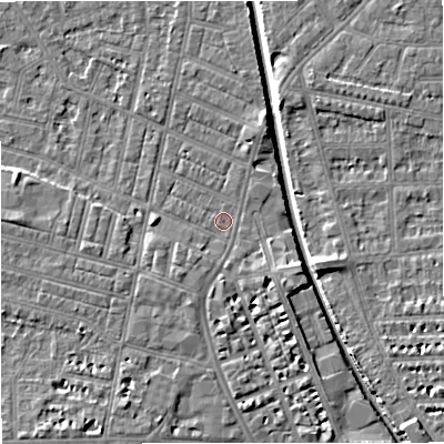 Shaded relief map of the ground around M219GF, computed from Environment Agency LiDAR. The ground here sits at about 27 m above sea level and falls 7 m across the surrounding 800 m. Surface water reaching this point runs off ground lying to the south, 3.4 m higher.