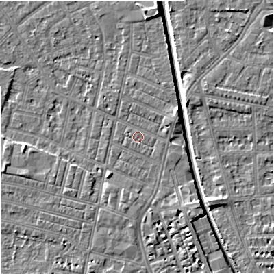 Shaded relief map of the ground around M219GH, computed from Environment Agency LiDAR. The ground here sits at about 27 m above sea level and falls 7 m across the surrounding 800 m. Surface water reaching this point runs off ground lying to the east-south-east, 0.7 m higher.