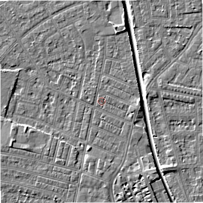 Shaded relief map of the ground around M219GJ, computed from Environment Agency LiDAR. The ground here sits at about 28 m above sea level and falls 7 m across the surrounding 800 m. Surface water reaching this point runs off ground lying to the east, 2.3 m higher.