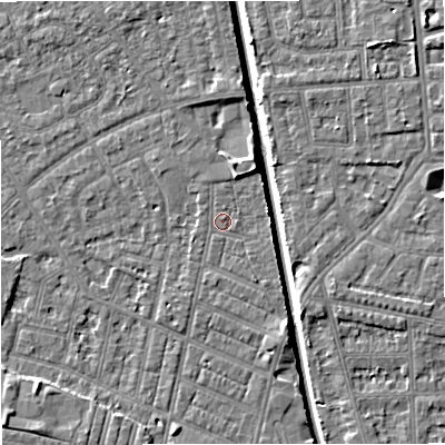 Shaded relief map of the ground around M219GW, computed from Environment Agency LiDAR. The ground here sits at about 28 m above sea level and falls 7 m across the surrounding 800 m. Surface water reaching this point runs off ground lying to the north-north-east, 2.7 m higher.