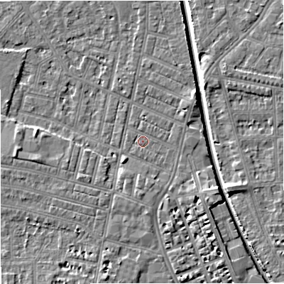 Shaded relief map of the ground around M219GZ, computed from Environment Agency LiDAR. The ground here sits at about 27 m above sea level and falls 7 m across the surrounding 800 m. Surface water reaching this point runs off ground lying to the north-north-east, 0.9 m higher.
