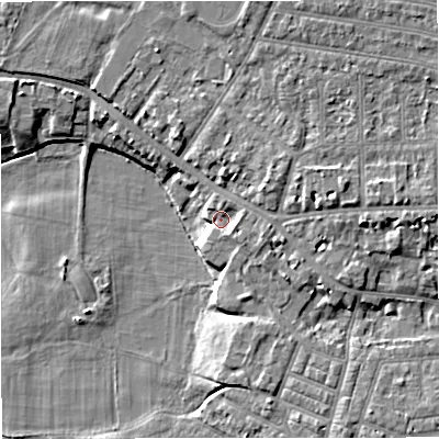 Shaded relief map of the ground around M219HE, computed from Environment Agency LiDAR. The ground here sits at about 25 m above sea level and falls 9 m across the surrounding 800 m. Surface water reaching this point runs off ground lying to the east, 6.5 m higher.
