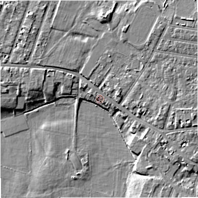 Shaded relief map of the ground around M219JU, computed from Environment Agency LiDAR. The ground here sits at about 26 m above sea level and falls 9 m across the surrounding 800 m. Surface water reaching this point runs off ground lying to the west-north-west, 5.1 m higher.