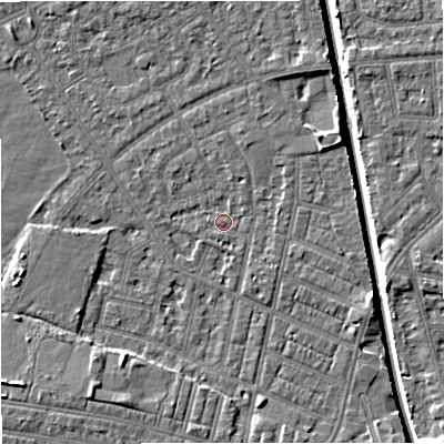 Shaded relief map of the ground around M219NF, computed from Environment Agency LiDAR. The ground here sits at about 27 m above sea level and falls 6 m across the surrounding 800 m. Surface water reaching this point runs off ground lying to the north-east, 3.4 m higher.