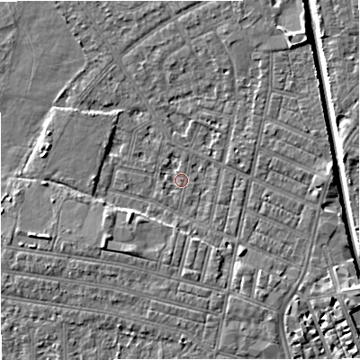 Shaded relief map of the ground around M219NR, computed from Environment Agency LiDAR. The ground here sits at about 27 m above sea level and falls 7 m across the surrounding 800 m. Surface water reaching this point runs off ground lying to the south-west, 3.7 m higher.