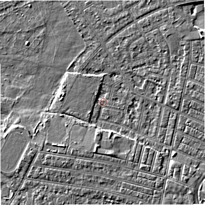 Shaded relief map of the ground around M219NS, computed from Environment Agency LiDAR. The ground here sits at about 27 m above sea level and falls 5 m across the surrounding 800 m. Surface water reaching this point runs off ground lying to the south, 3.9 m higher.