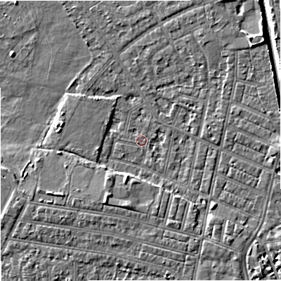 Shaded relief map of the ground around M219NT, computed from Environment Agency LiDAR. The ground here sits at about 27 m above sea level and falls 6 m across the surrounding 800 m. Surface water reaching this point runs off ground lying to the south-south-west, 3.8 m higher.