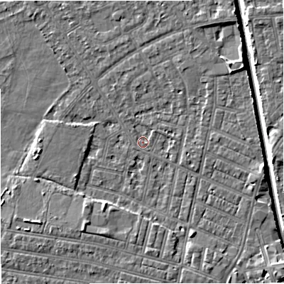 Shaded relief map of the ground around M219NU, computed from Environment Agency LiDAR. The ground here sits at about 27 m above sea level and falls 7 m across the surrounding 800 m. Surface water reaching this point runs off ground lying to the south-south-west, 3.8 m higher.