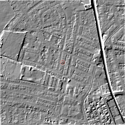 Shaded relief map of the ground around M219NY, computed from Environment Agency LiDAR. The ground here sits at about 27 m above sea level and falls 7 m across the surrounding 800 m. Surface water reaching this point runs off ground lying to the east-north-east, 3.4 m higher.