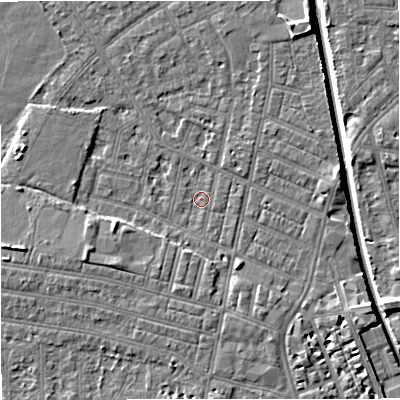 Shaded relief map of the ground around M219NZ, computed from Environment Agency LiDAR. The ground here sits at about 27 m above sea level and falls 7 m across the surrounding 800 m. Surface water reaching this point runs off ground lying to the west-south-west, 3.7 m higher.