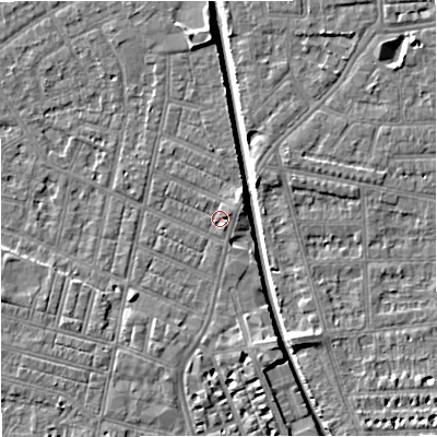 Shaded relief map of the ground around M219PG, computed from Environment Agency LiDAR. The ground here sits at about 28 m above sea level and falls 7 m across the surrounding 800 m. Surface water reaching this point runs off ground lying to the east-north-east, 1.9 m higher.