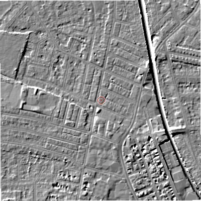 Shaded relief map of the ground around M219PJ, computed from Environment Agency LiDAR. The ground here sits at about 27 m above sea level and falls 7 m across the surrounding 800 m. Surface water reaching this point runs off ground lying to the north-east, 3.4 m higher.