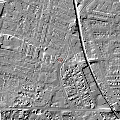 Shaded relief map of the ground around M219PW, computed from Environment Agency LiDAR. The ground here sits at about 28 m above sea level and falls 7 m across the surrounding 800 m. Surface water reaching this point runs off ground lying to the south-south-east, 3.4 m higher.