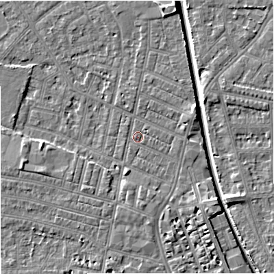 Shaded relief map of the ground around M219QF, computed from Environment Agency LiDAR. The ground here sits at about 27 m above sea level and falls 7 m across the surrounding 800 m. Surface water reaching this point runs off ground lying to the east-north-east, 2.8 m higher.