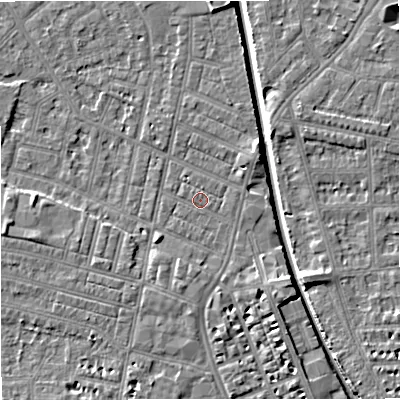 Shaded relief map of the ground around M219QH, computed from Environment Agency LiDAR. The ground here sits at about 27 m above sea level and falls 7 m across the surrounding 800 m. Surface water reaching this point runs off ground lying to the east, 0.7 m higher.