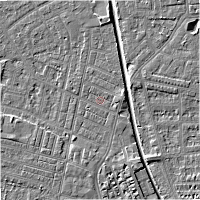 Shaded relief map of the ground around M219QJ, computed from Environment Agency LiDAR. The ground here sits at about 27 m above sea level and falls 7 m across the surrounding 800 m. Surface water reaching this point runs off ground lying to the east, 1.9 m higher.