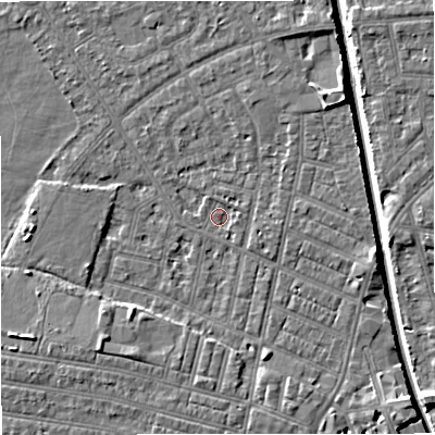 Shaded relief map of the ground around M219SS, computed from Environment Agency LiDAR. The ground here sits at about 27 m above sea level and falls 7 m across the surrounding 800 m. Surface water reaching this point runs off ground lying to the south-west, 3.8 m higher.