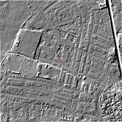 Shaded relief map of the ground around M219WG, computed from Environment Agency LiDAR. The ground here sits at about 27 m above sea level and falls 6 m across the surrounding 800 m. Surface water reaching this point runs off ground lying to the south-west, 3.7 m higher.