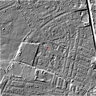 Shaded relief map of the ground around M219WJ, computed from Environment Agency LiDAR. The ground here sits at about 27 m above sea level and falls 6 m across the surrounding 800 m. Surface water reaching this point runs off ground lying to the east-north-east, 4.3 m higher.